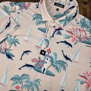 Bad Birdie Golf Polo Mens XL Peach Tropical Dolphin Sailboat Nautical Stretch